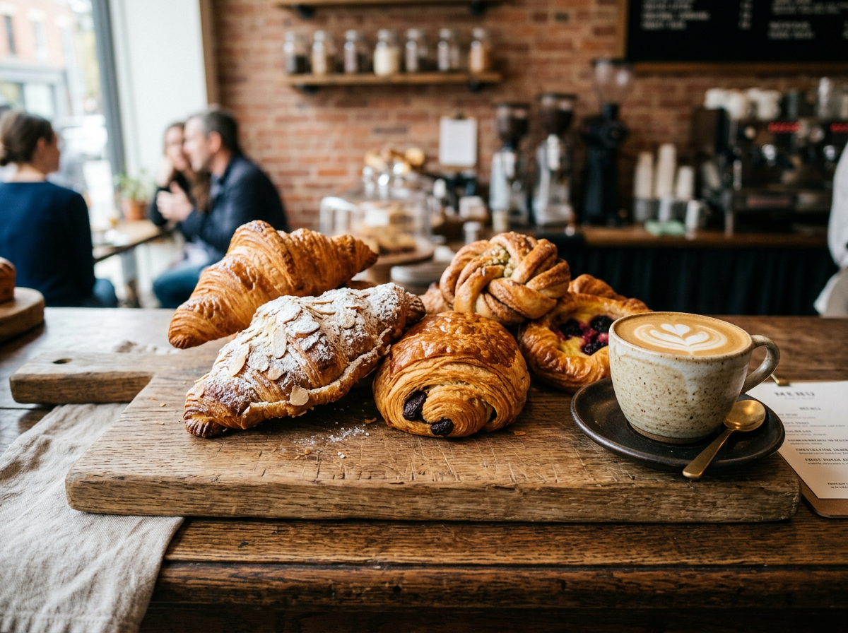 Fresh pastries and baked pairings alongside a cup of coffee