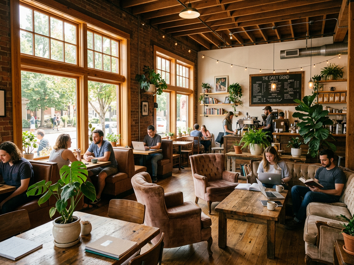 Warm café interior with comfortable seating and natural light